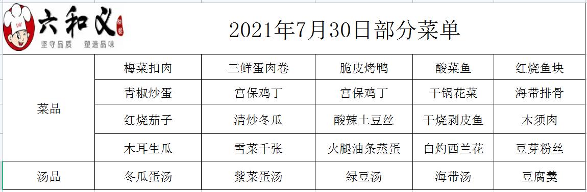 2021年7月30日部分菜单展示