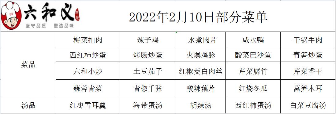 2022年2月10日部分菜单展示