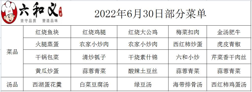 2022年6月30日部分菜单展示  